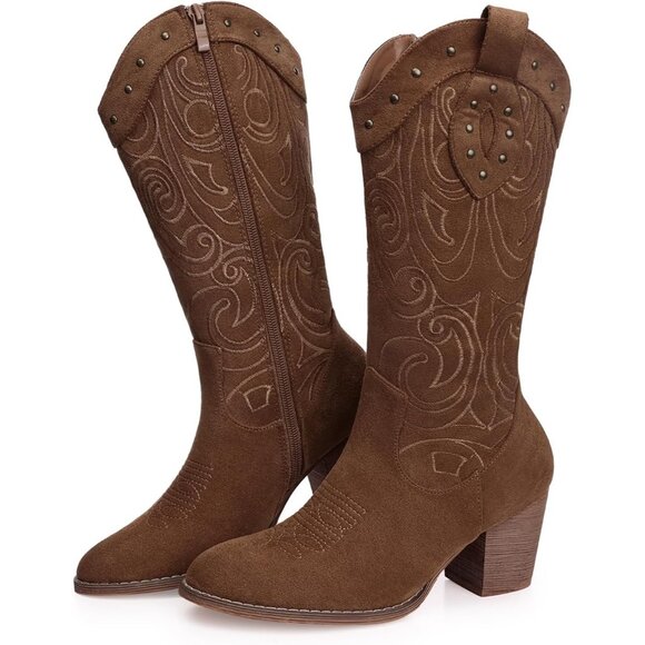 ⚡Women's Dark Brown Wide Calf Western Pointed Toe Chunky Heel Suede Embroidered - Picture 6 of 6